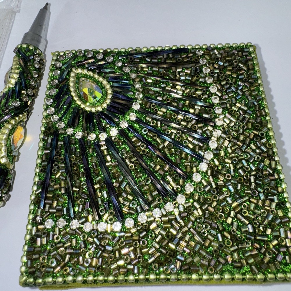 Pier 1 Mini Notebook Green Peacock Sequined With Mini Pen and Plastic Bag